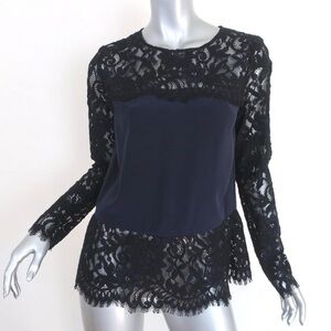 Intermix Lace Silk Long Sleeve Contemporary Elegant Black Lace Blouse Size P